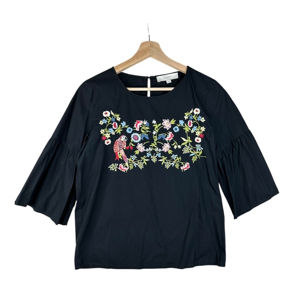 Loft Floral/Bird Embroidered Detailβ 3/4 Sleeve Blouse size Small Black